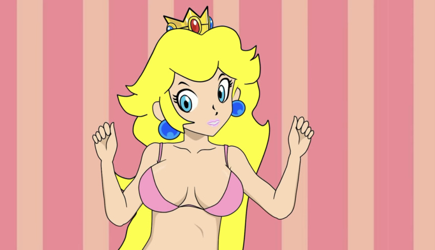 1girls bikini blonde_hair blue_eyes cartoon_hook-ups cleavage crown earrings female female_only light-skinned_female light_skin lips lipstick long_hair mario_(series) motel nintendo pink_bikini pink_lipstick princess_peach solo tagme underwear winky_dink_media