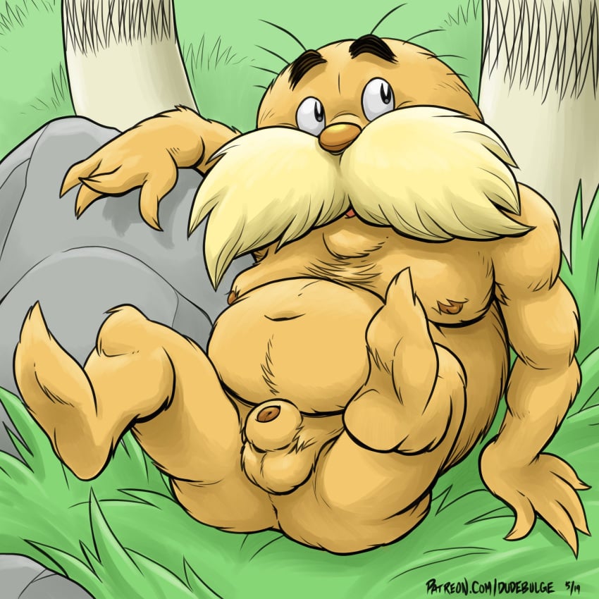 1:1 2019 animal_genitalia anthro anus ass balls dr_seuss dudebulge facial_hair feet fur genitals hi_res looking_up lorax lying male male_focus male_only male_solo moustache navel nipples older_male on_back orange_body orange_fur penis sheath slightly_chubby solo solo_male text the_lorax unknown_species url yellow_body yellow_fur