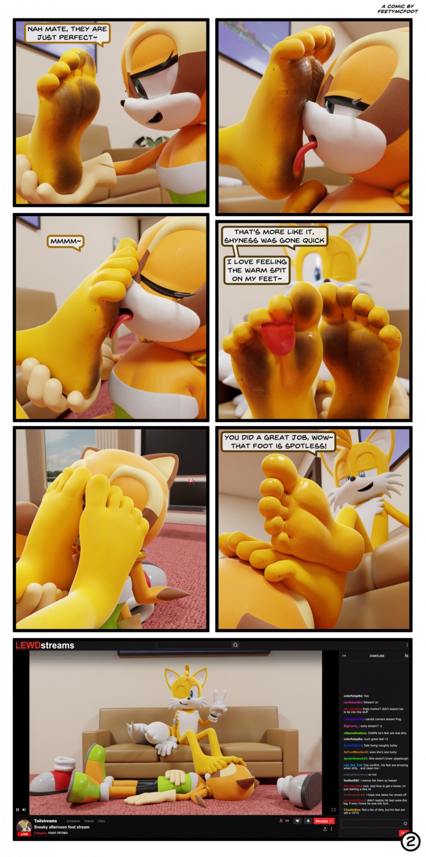 3d_(artwork) 3drender absurd_res accent anthro australian barefoot big_feet cleaning cleaning_feet comic dialogue digital_media_(artwork) dirty_feet dominant dominant_male duo feet feetymcfoot female female_licking_male female_on_bottom first_person_view foot_fetish foot_focus foot_lick foot_on_face foot_play footwear_removed hi_res humanoid_feet humiliation inside licking livestream livestreaming male male/female male_feet male_foot_fetish male_on_top marine_the_raccoon on_bottom on_top page_2 page_number paws plantigrade presenting public public_humiliation ruined_reputation sega shoe_removal soles sonic_(series) sonic_the_hedgehog_(series) submissive submissive_female submissive_pov tails toes tongue tongue_bath tongue_on_foot tongue_out