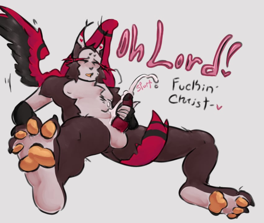 anthro black_body black_fur black_hair cum cumshot cursing ejaculate ejaculating_on_self ejaculation feathers feet feet_focus furry furry_ears furry_male furry_only furry_tail hazbin_hotel how_do_i_tag_this husk_(hazbin_hotel) male_foot_fetish male_only masturbating masturbation paws pink_text red_feathers red_fur red_hair red_penis render rendered simple_background sitting sitting_on_bed solo solo_focus spread_legs spurting spurting_sound_effect text text_bubble text_focus white_body white_fur white_hair wings yellow_pawpads yellow_teeth