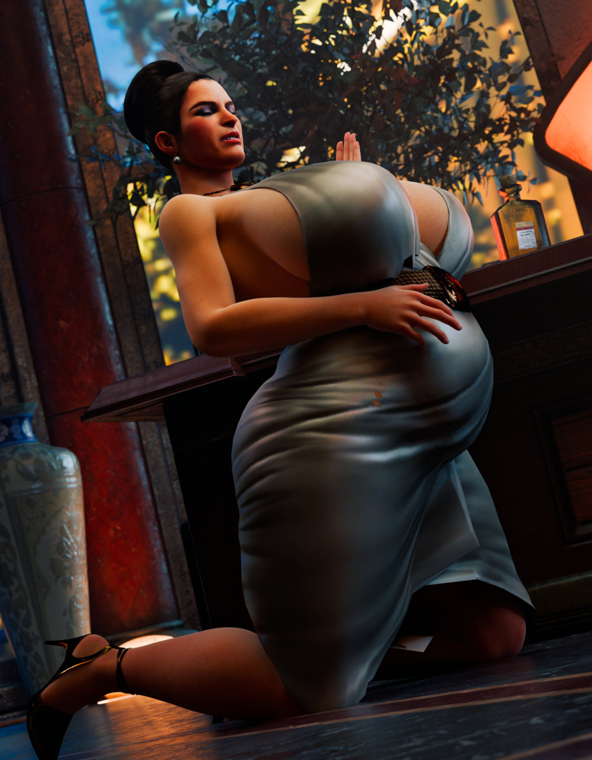 1girls 3d belly big_belly big_breasts breasts cleavage closed_eyes clubzenny excella_gionne female gigantic_breasts huge_breasts nipple_bulge pregnant resident_evil sideboob solo solo_female