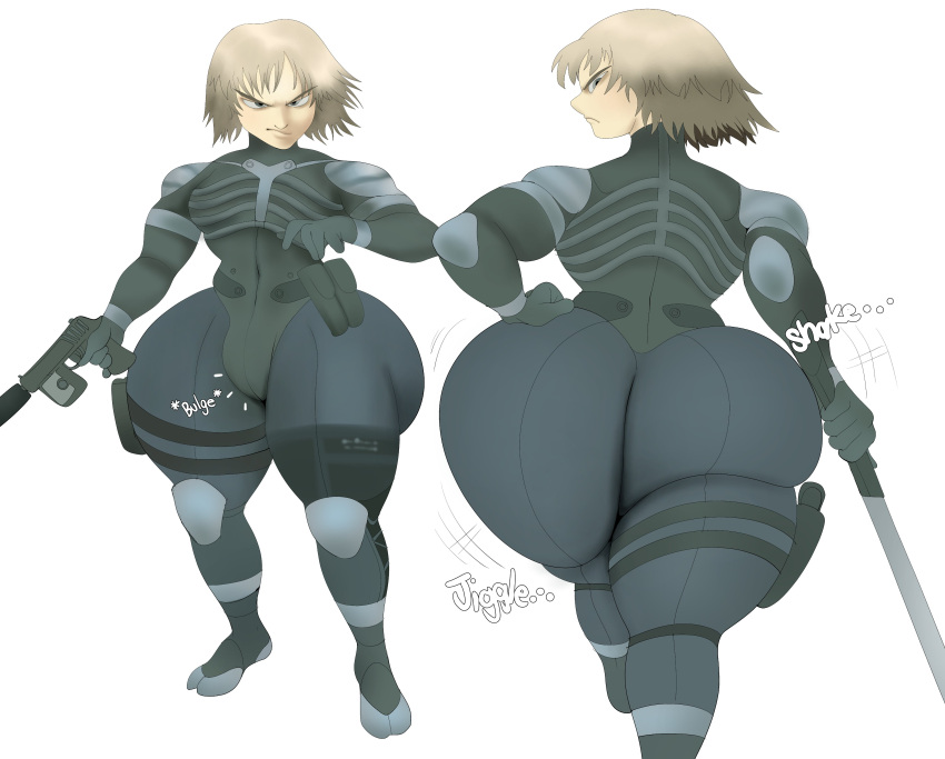 1boy ass barrybbeesly big_ass bodysuit bubble_butt bulge clothing dat_ass dumptruck_ass fat_ass femboy gun hand_on_hip huge_ass large_ass looking_at_viewer looking_back male male_only massive_ass metal_gear_solid metal_gear_solid_2 pistol raiden_(metal_gear) solo sword thick_ass thick_thighs weapon wide_hips