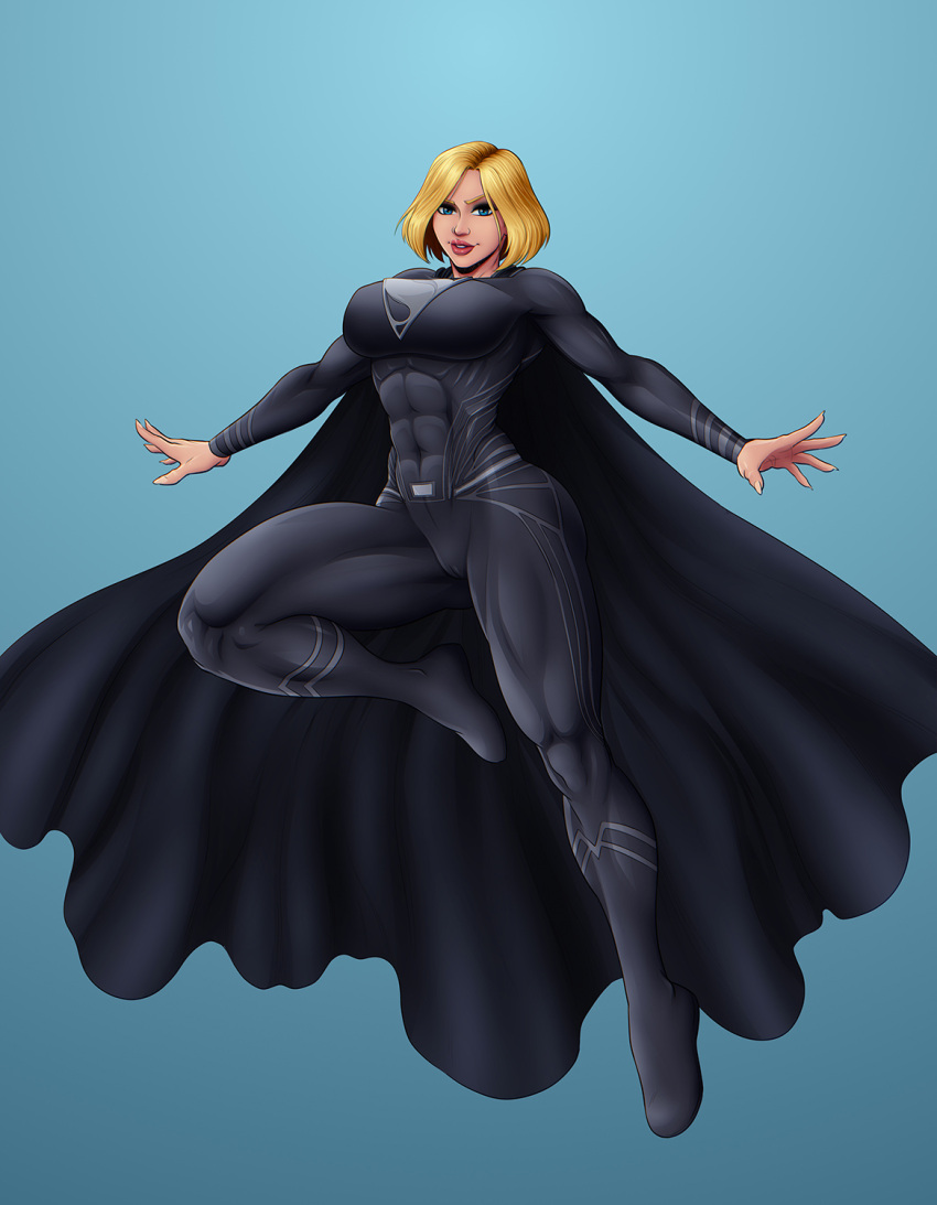 1girls alternate_costume alternate_version_available babyboombala big_breasts black_bodysuit blonde_hair blue_eyes bobcut cameltoe cape dc dc_comics dc_extended_universe female_only kara_danvers kara_zor-el muscular_female supergirl superman_(cosplay) tagme