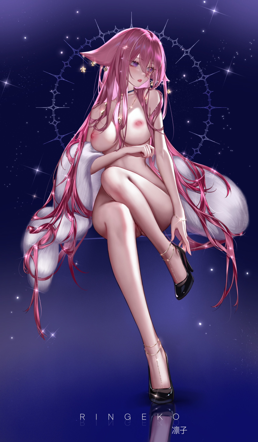 fox fox_ears fox_girl genshin_impact high_heels long_hair naked naked_female no_bra no_panties no_underwear nude pink_hair purple_eyes ringeko_chan solo_female tagme yae_miko