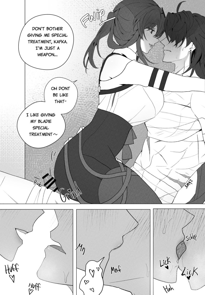 1boy 1girls big_breasts blade_(honkai:_star_rail) breasts clothed clothed_female comic comic_page french_kiss french_kissing grinding honkai:_star_rail honkai_(series) kafka_(honkai:_star_rail) kissing light-skinned_female light_skin sgrimp text text_bubble