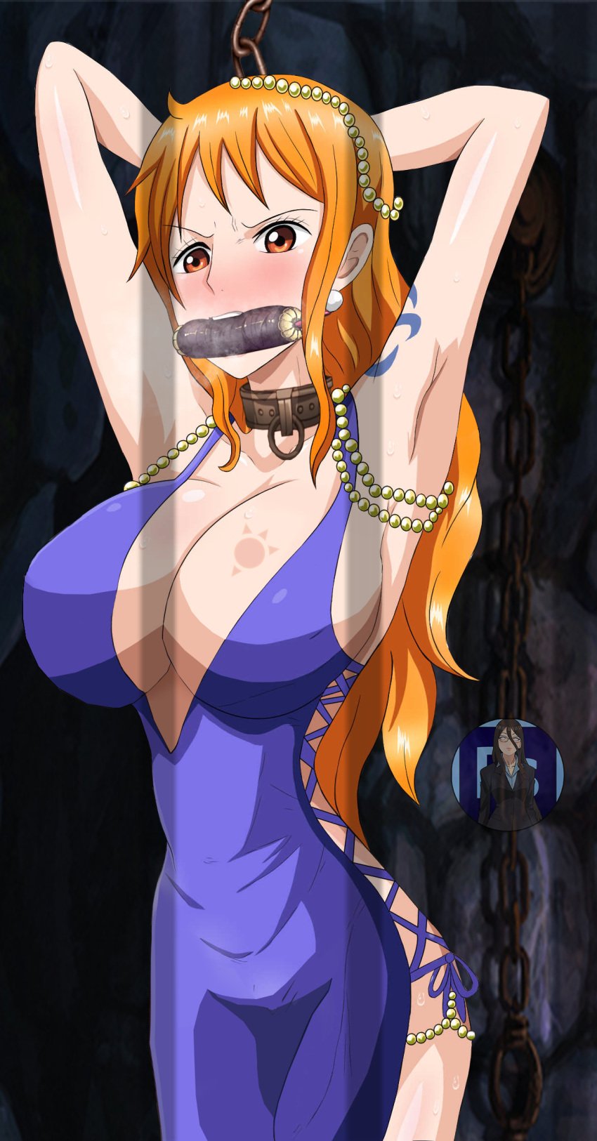 big_breasts bit_gag bondage bossbb41 brown_eyes captured chains cleavage collar did dress female female_only gag gagged kidnapped leash leash_and_collar leash_pull long_dress mouth_gag nami night_dress no_bra no_panties one_piece orange_hair public purple_dress slave slavegirl tied_up