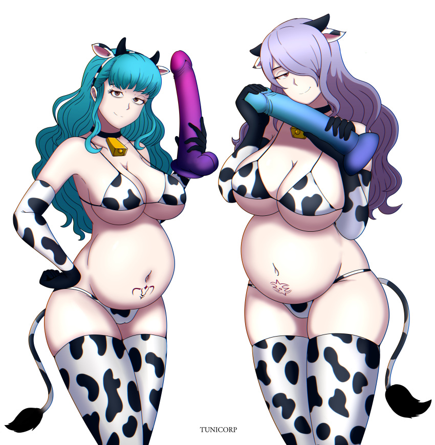 2girls alternate_hairstyle blue_dildo blue_hair camilla_(fire_emblem) cow_bikini cow_girl cow_horns cow_print cow_print_bikini crest_(fe3h) dildo female female_only fire_emblem fire_emblem:_three_houses fire_emblem_fates fire_emblem_warriors:_three_hopes long_hair marianne_von_edmund multiple_girls nintendo official_alternate_hairstyle pregnant pubic_tattoo purple_dildo purple_hair tattoo tunicorp