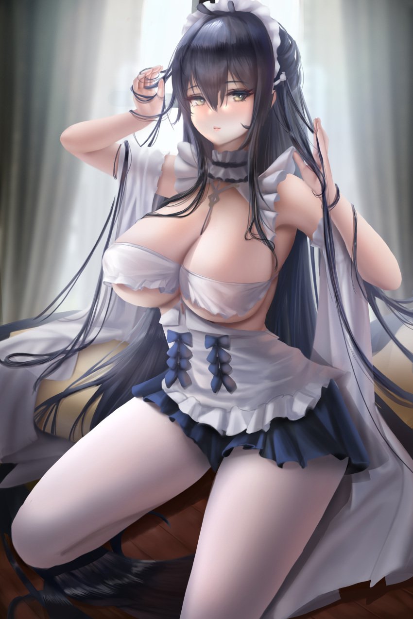 1girls absurdres azur_lane black_hair black_skirt breasts choker female female_only frilled_choker frills green_eyes hair_between_eyes highres indomitable_(azur_lane) indomitable_(ms._motivationless_maid)_(azur_lane) large_breasts light-skinned_female light_skin long_hair maid maid_headdress miniskirt official_alternate_costume pantyhose pleated_skirt skirt solo soto_(mmm72563655) very_long_hair white_pantyhose