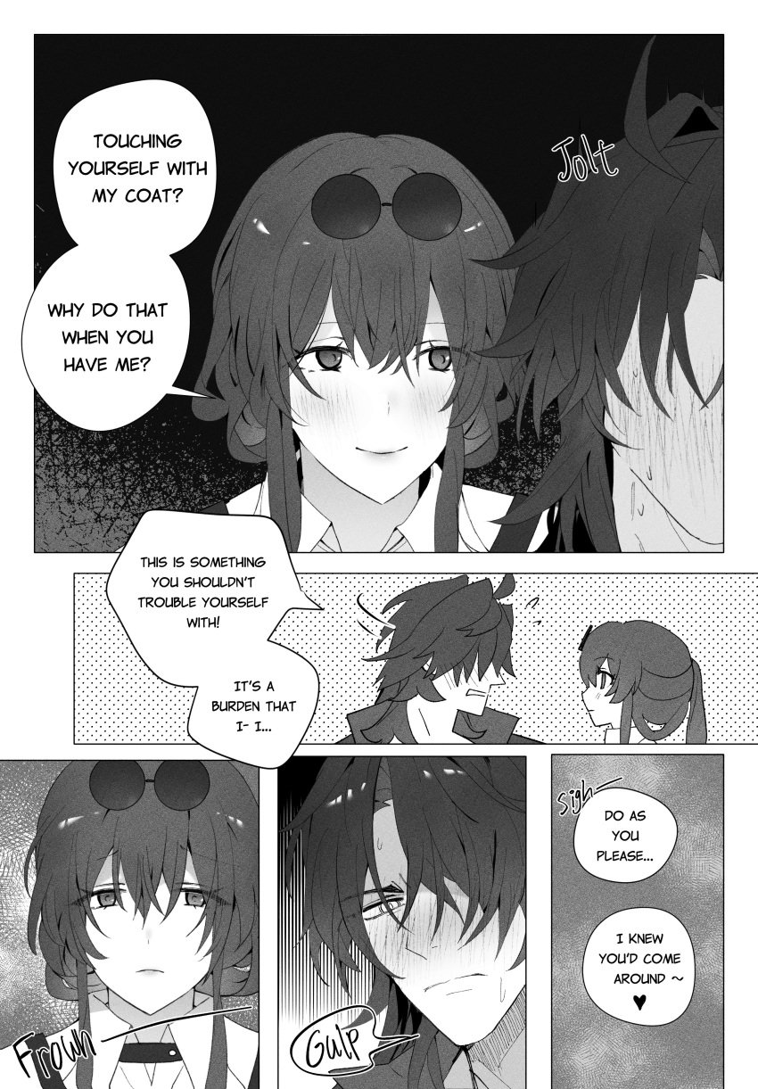 1boy 1girls blade_(honkai:_star_rail) clothed clothed_female comic comic_page embarrassed honkai:_star_rail honkai_(series) kafka_(honkai:_star_rail) light-skinned_female light_skin sgrimp text text_bubble