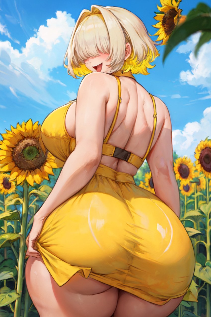 1girls ai_generated back_view bangs bangs_over_eyes blonde_hair dat_ass dress elegg_(nikke) fat_ass female female_only field flowers goddess_of_victory:_nikke huge_ass huge_breasts lifting_skirt outdoors outside short_hair sideboob sky solo stable_diffusion sunflower sunflowers tagme tampopo tight_clothing tight_dress tongue wide_hips yellow_dress