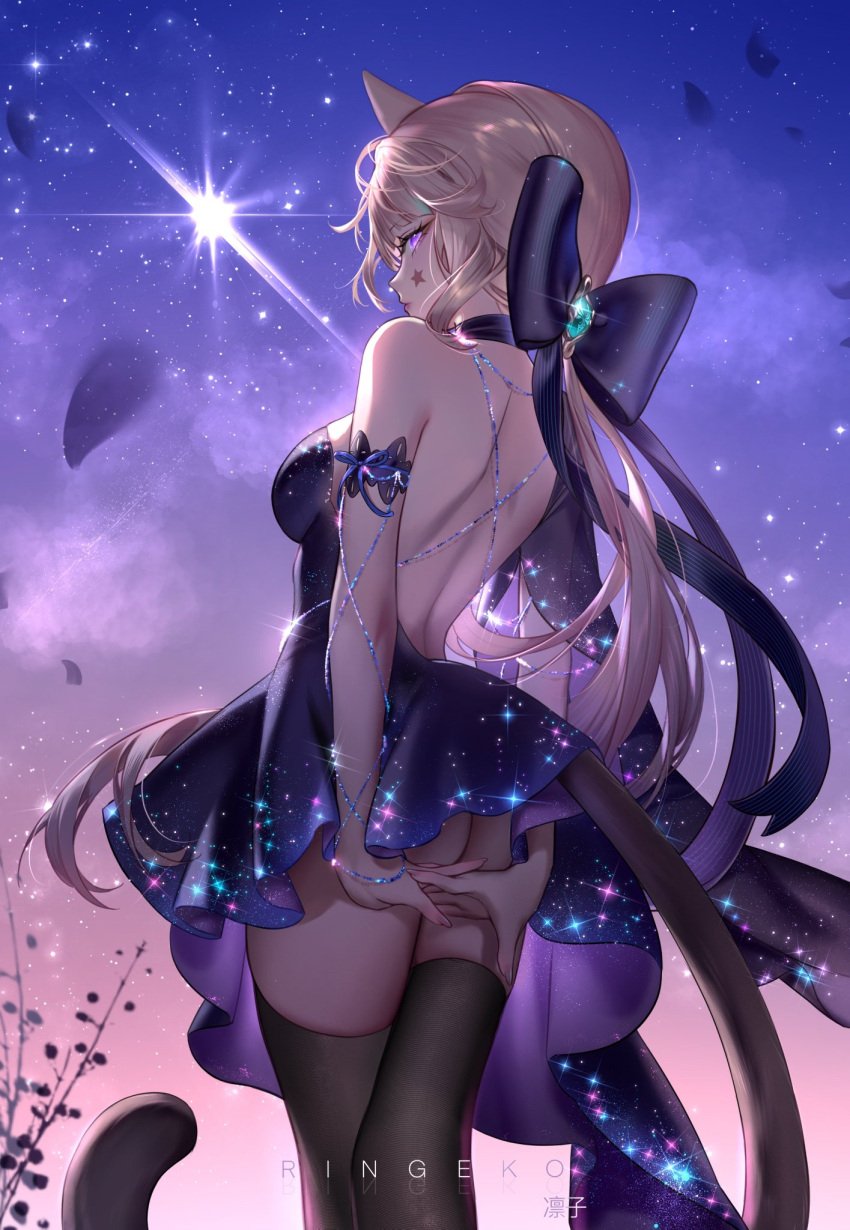 blonde_hair cat_ears cat_tail catgirl cocktail_dress dress genshin_impact looking_back lynette_(genshin_impact) night no_panties purple_eyes ringeko_chan solo_female stars tagme