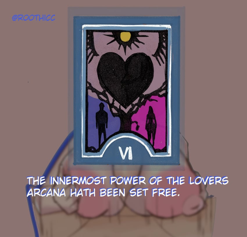1boy 1girls alternate_version_available atlus big_breasts card female female_focus fine_art fine_art_parody human light-skinned_female light_skin male nude paizuri_lead_by_female partial_male persona persona_3 persona_3:_dancing_in_moonlight persona_3_fes persona_3_portable persona_3_reload public_domain roothicc solo_focus tarot tarot_card text the_lovers_(tarot) yukari_takeba