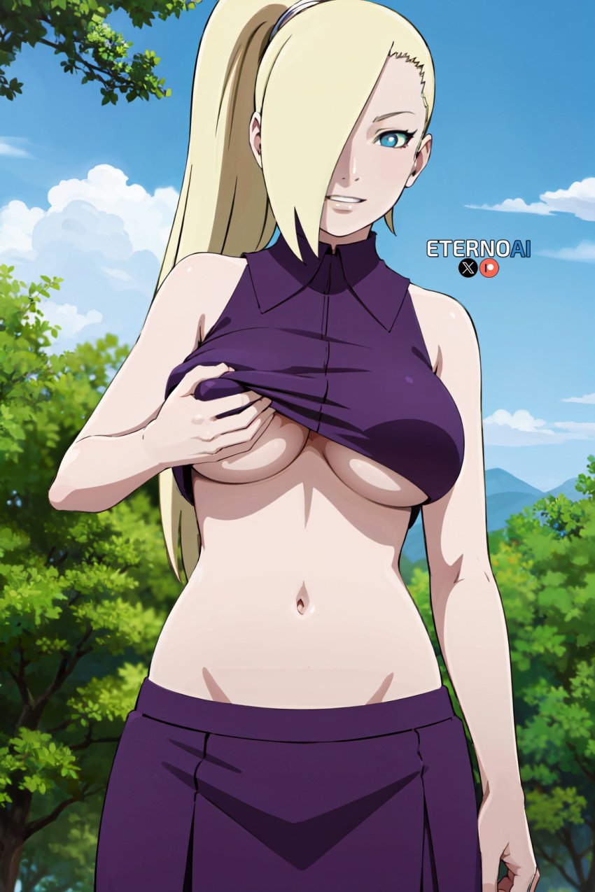 1girls accurate_art_style ai_generated big_breasts blonde_hair blue_eyes boruto:_naruto_next_generations breast_grab breasts clothing crop_top eternoai female female_only forest grabbing_own_breast hair_over_one_eye huge_breasts ino_yamanaka large_breasts lifted_by_self light-skinned_female light_skin long_hair looking_at_viewer mature mature_female medium_breasts midriff milf nai_diffusion naruto naruto_(series) nature no_bra no_bra_under_clothes outdoors paipan pale-skinned_female pale_skin patreon_username ponytail shirt shirt_lift skirt sleeveless sleeveless_shirt solo solo_focus stable_diffusion tied_hair twitter_username underboob undressing url very_long_hair watermark web_address