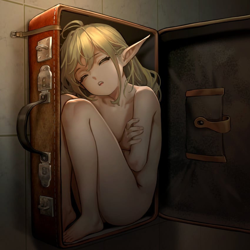 1girls as109 bag blonde_hair casual closed_eyes elf_ears elf_female elf_girl encasement female female_focus female_only humanoid in_box in_container luggage naked nudist open_mouth original original_character pale_skin pointy_ears sleeping small_breasts solo solo_female solo_focus suitcase