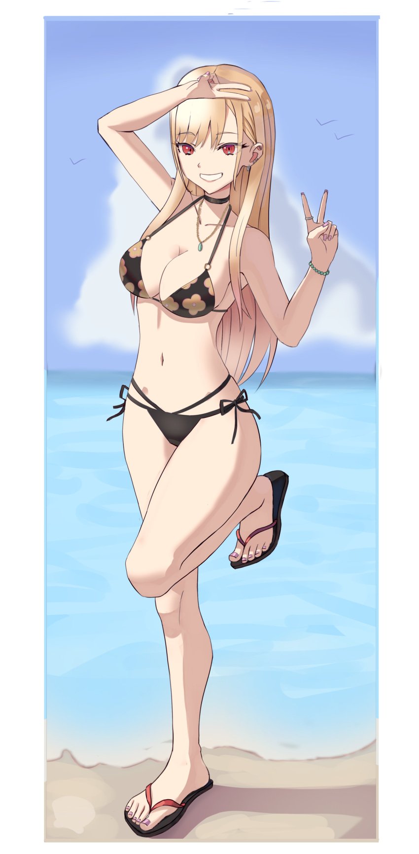 1girls alternate_costume bikini black_bikini black_bikini_bottom black_swimsuit blonde blonde_female blonde_hair breasts earrings female female_only flip_flops flower_bikini kieharo kitagawa_marin red_eyes sandals solo sono_bisque_doll_wa_koi_wo_suru swimsuit tagme toenail_polish