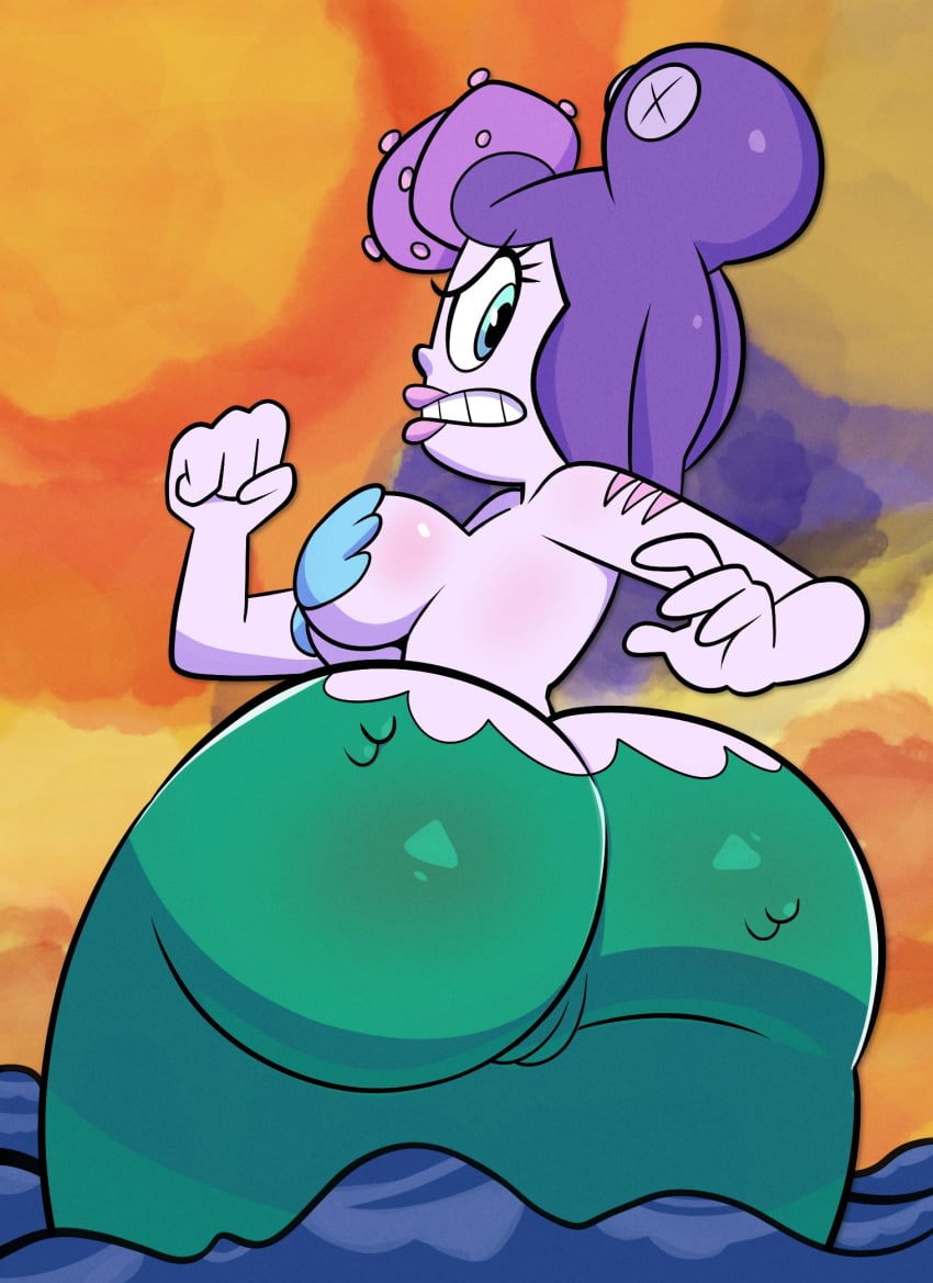 angry ass big_ass big_breasts big_butt blue_eyes butt cala_maria cuphead_(game) fat_ass fish_scales frown large_ass large_breasts mermaid monamania monster_girl ocean pink_lipstick purple_skin pussy revealing_clothes scales scar seashell_bra squid tagme_(artist) thick thick_ass water