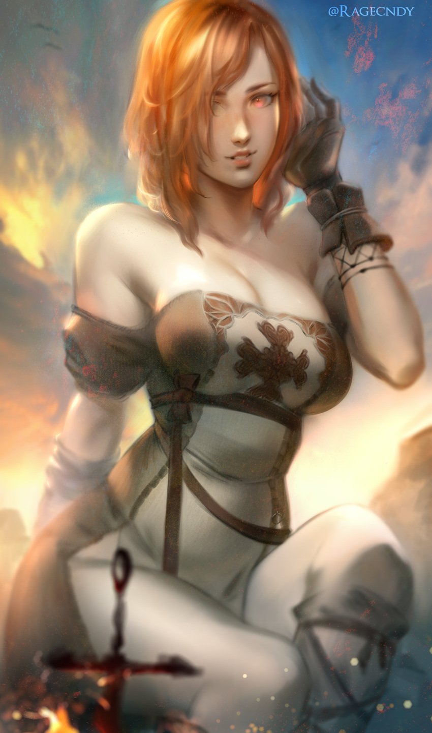 1girls bare_shoulders bonfire dark_souls dark_souls_2 emerald_herald female_only fromsoftware gloves legwear looking_at_viewer orange_hair painting_(artwork) ragecndy shanalotte_(dark_souls) smile smiling solo solo_female