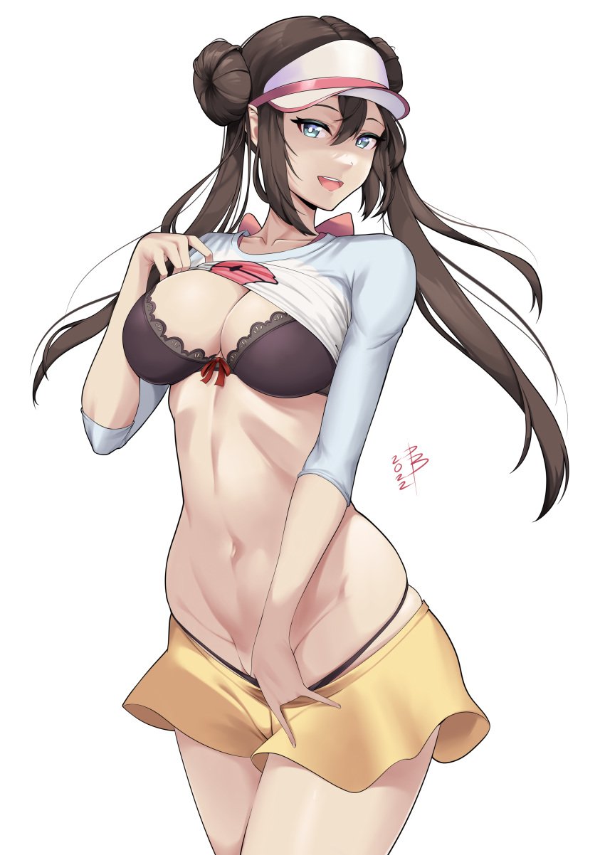 black_bra black_panties blue_eyes bra brown_hair damodar double_bun female lace-trimmed_bra looking_at_viewer naughty_face nintendo panties picot_trim picot_trim_bra pokemon pokemon_bw2 rosa_(pokemon) shiny_skin skirt solo undressing