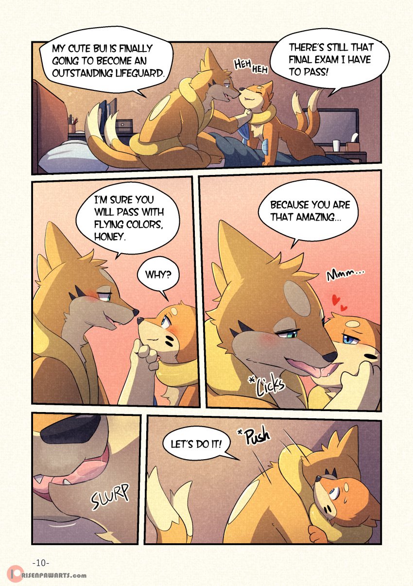 absurd_res blue_eyes blush buizel clothing comic duo english_text fin floatzel fluffy french_kissing furry gay hi_res kissing lester_(risenpaw) male male/male male_only ness_(risenpaw) nintendo orange_body pinned pokémon_(species) pokemon risenpaw romantic romantic_couple smile text tickling tongue video_games yaoi