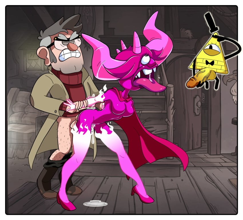 1_eye 1girls 2boys bill_cipher breasts cape clothing cum cum_inside demon demon_girl demon_horns disney featureless_breasts glasses gravity_falls hairy hat high_heels hopethishelps lips masturbation no_nipples penis pink_hair pyronica saliva smooth_skin spikes stanford_pines tongue tongue_out trio veiny_penis