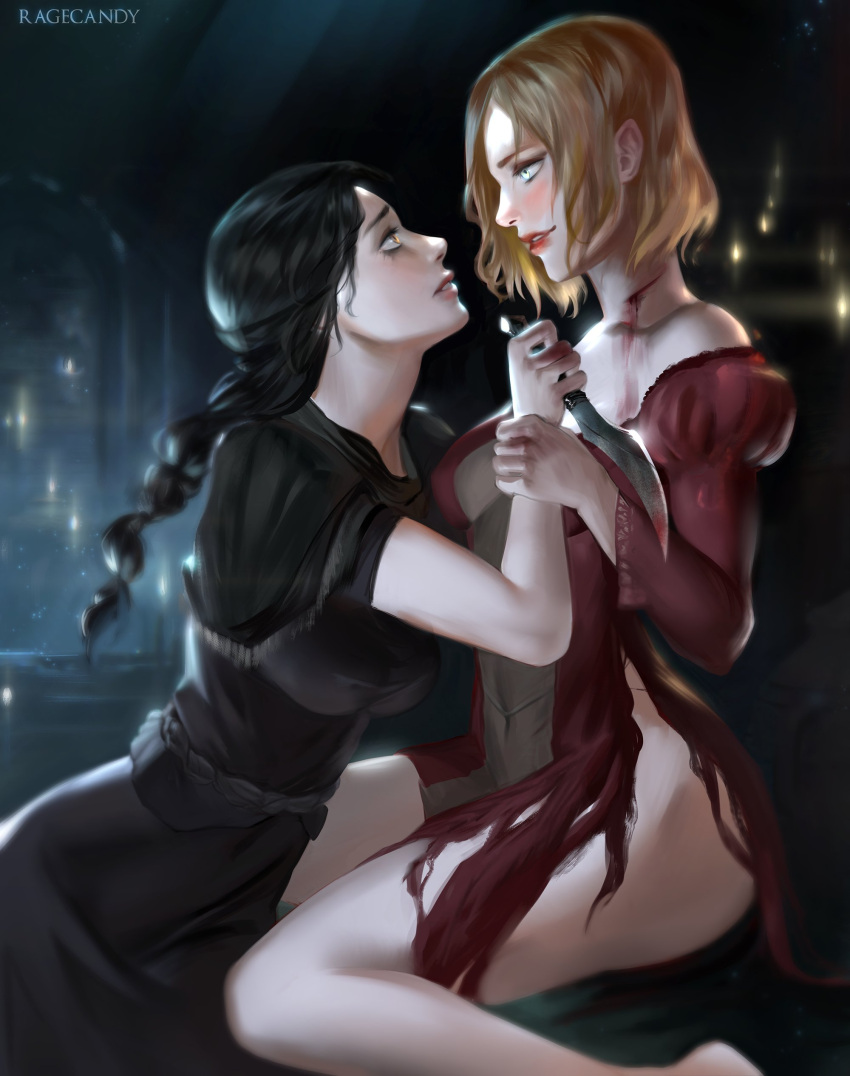 2girls adella_the_nun arianna_(bloodborne) black_clothing black_hair bleeding blonde_hair blood_drip bloodborne clothing dress eye_contact female female_focus female_only fromsoftware holding_weapon injury knife long_hair melee_weapon nipple_bulge nun painting_(artwork) prostitute ragecndy red_clothing red_lips ripped_clothes ripped_clothing ruined_makeup seductive_look short_hair sitting souls_(from_software) torn_clothes torn_clothing weapon yuri