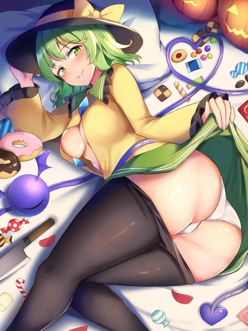 1girls ass big_ass big_breasts big_butt blush breasts butt dress dress_lift food green_eyes green_hair hair hat koishi_komeiji laying_down laying_on_bed laying_on_side leggings leggings_down legwear lying lying_on_bed lying_on_side nagomian panties partially_clothed sideboob smile thighhighs thighs thong touhou