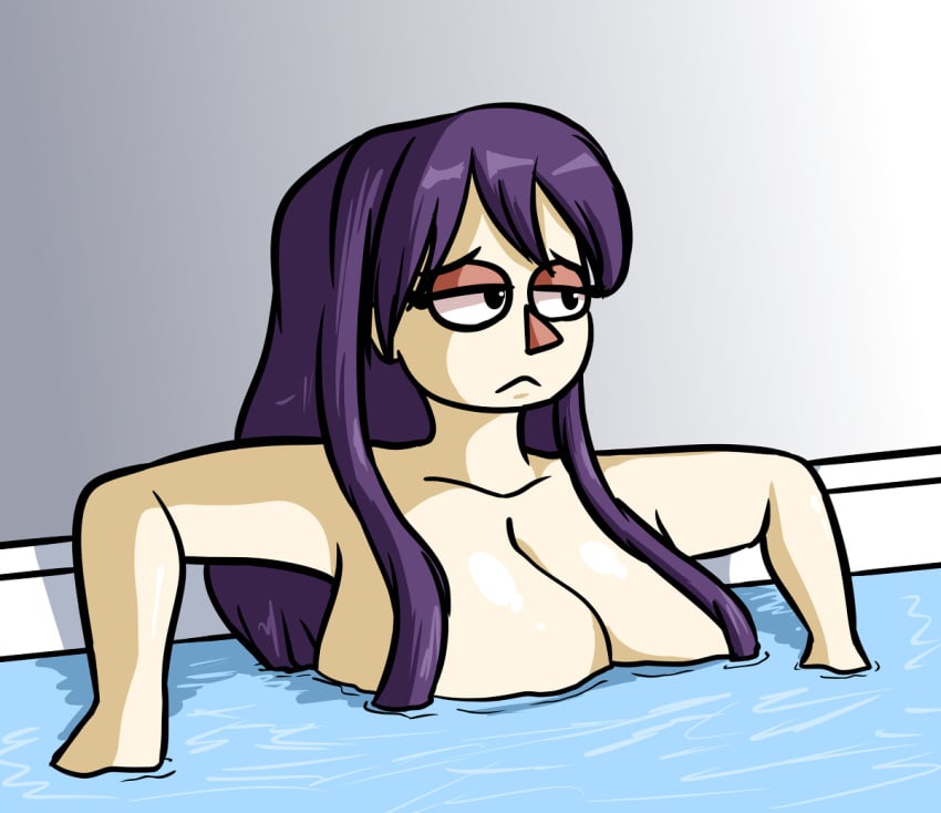 big_breasts bored bored_expression doki_doki_literature_club in_water max1mus naked nude pool purple_hair skinny_dipping source_request triangle_nose water xxmax1musxx yuri_(doki_doki_literature_club)