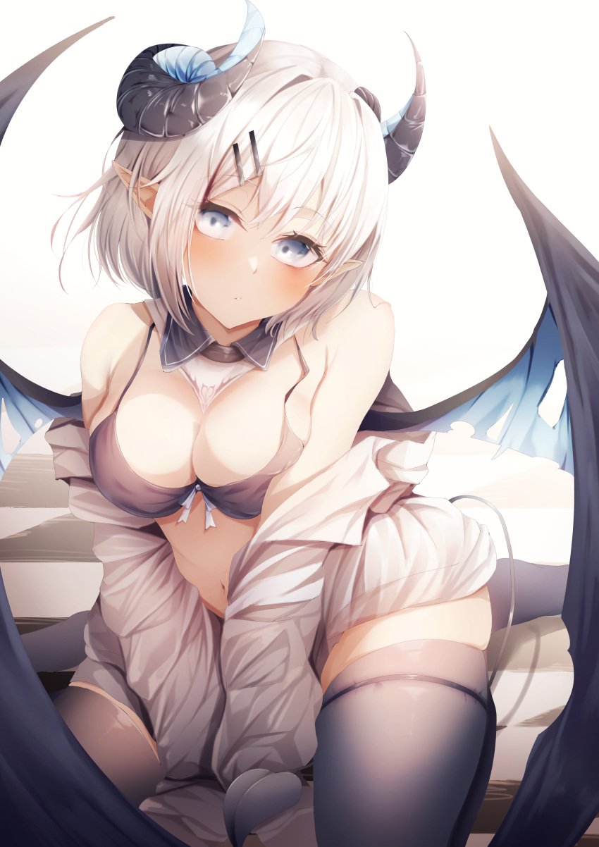 absurdres arms_between_legs black_horns black_wings blue_bow blue_eyes blue_horns blue_wings blush bow checkered checkered_floor curled_horns demon demon_girl demon_horns demon_tail demon_wings evaiyu female grey_hair grey_thighhighs hair_ornament hairclip highres horns light_blue_eyes multicolored_horns multicolored_wings navel parted_lips pointy_ears sitting skindentation solo tail tail_wrap thighhighs torn torn_wings two-tone_wings wariza wings