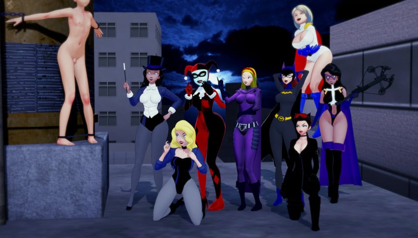 1boy 3d 3d_(artwork) 6+girls 8girls barbara_gordon batgirl batman:_the_animated_series batman_(series) big_breasts birds_of_prey black_canary black_hair blonde_hair blue_eyes cartoon_network catwoman chained cleavage clothed_female_nude_male completely_naked completely_naked_male completely_nude completely_nude_male dc dc_comics dcau dinah_lance embarrassed_nude_femboy femboy femdom green_arrow_(series) harley_quinn harley_quinn_(classic) helena_bertinelli human huntress_(dc) justice_league_unlimited kara_zor-l karen_starr kryptonian laugh laughing leotard light-skinned_female light-skinned_male light_skin long_hair malesub micropenis misunderstoodsecrets multiple_girls pale-skinned_female pale_skin pinching_gesture power_girl red_hair restrained short_hair small_penis small_penis_humiliation spoiler_(dc) stephanie_brown superheroine superman_(series) thick_thighs toonami villain wide_hips zatanna zatanna_zatara