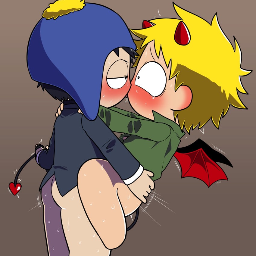 blue_hat blush craig_tucker craig_x_tweek demon_tail demon_wings gay hat holding_tail horns imp imp_tail imp_tweek kissing red_horns red_wings shirt_on south_park sweat sweating sweating_profusely tail tweek_tweak youth_pastor_craig