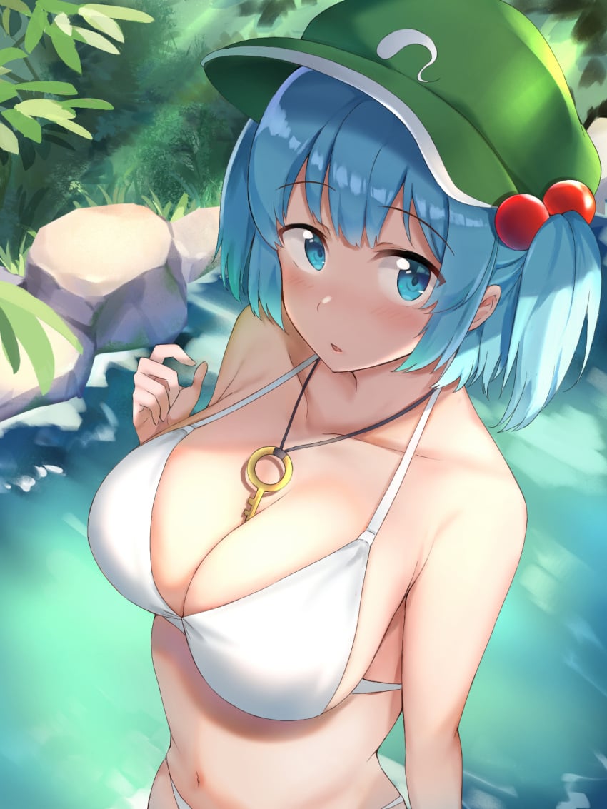 1girls big_breasts bikini bikini_bottom bikini_top blonde_hair blue_eyes blush breasts cleavage detailed_background lake looking_at_viewer medium_hair nagomian nitori_kawashiro tagme touhou upper_body