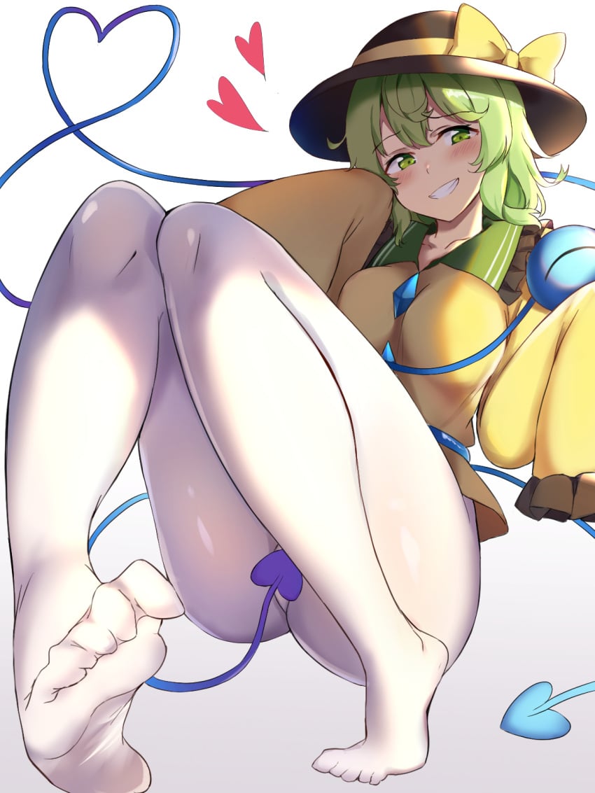 1girls ass big_ass blush feet female foot_fetish foot_focus green_eyes green_hair heart koishi_komeiji nagomian pantyhose smile smiling_at_viewer smirk tagme toes touhou