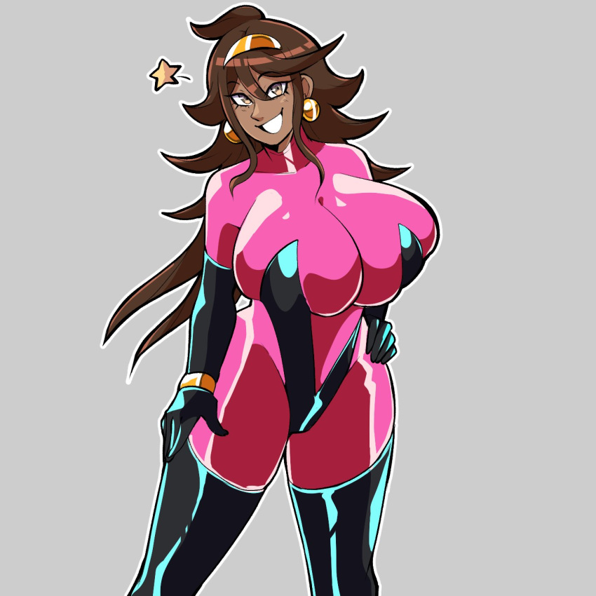 1girls bluueygooey breasts brown_hair danganronpa danganronpa_2:_goodbye_despair dark-skinned_female dark_skin earrings female female_only g_gundam gundam huge_breasts large_breasts large_thighs latex latex_clothing latex_suit long_hair mobile_trace_suit owari_akane rain_mikamura_(cosplay) smile smooth_skin solo super_danganronpa_2 very_long_hair