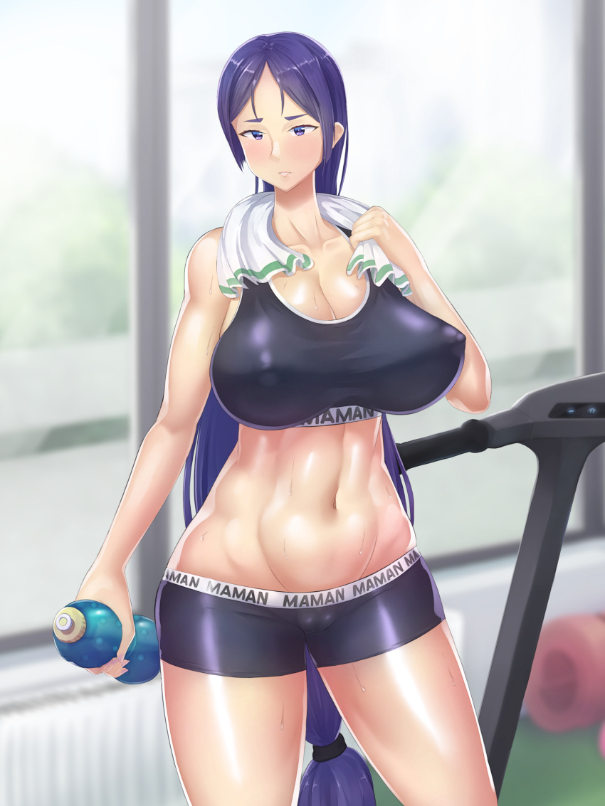 1girls big_breasts black_shorts breasts cleavage erect_nipples fate/grand_order fate_(series) female female_only gym gym_uniform hair huge_breasts large_breasts light-skinned_female light_skin long_hair mature mature_female mature_woman milf minamoto_no_raikou_(fate/grand_order) nipples nipples_visible_through_clothing purple_eyes purple_hair shorts solo sports_bra sweat sweatdrop sweating thick_thighs thighs towel warmcummies water_bottle