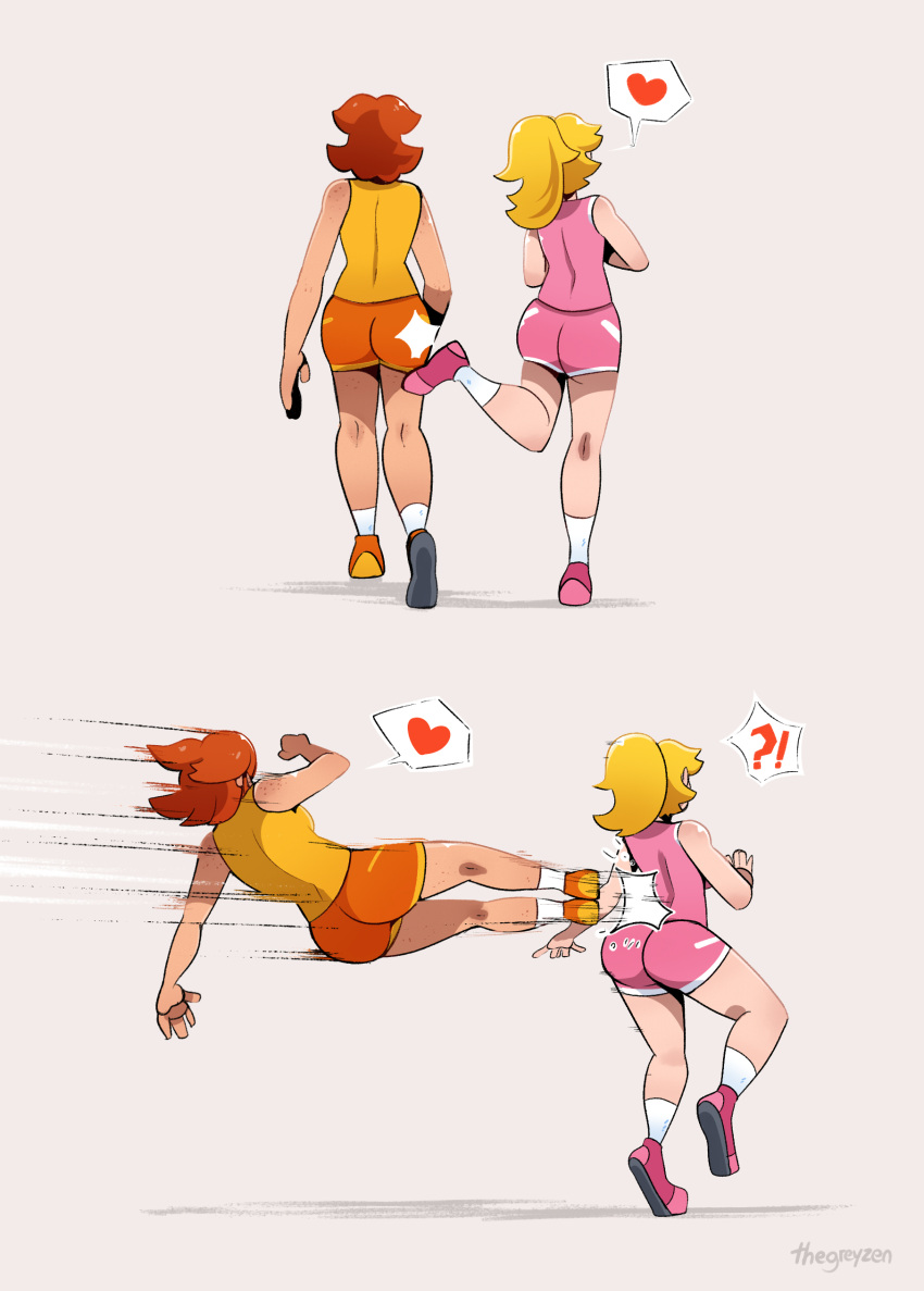 2girls ?! ass back back_view backboob big_ass big_butt blonde_hair breasts butt comedy duo female female_only flying_kick funny ginger_hair heart humor light-skinned_female light_skin mario_(series) multiple_girls nintendo orange_shoes orange_shorts pink_shoes pink_shorts pink_tank_top ponytail princess_daisy princess_peach shorts shoulder_length_hair socks sports_uniform sportswear tan-skinned_female tan_skin tank_top thegreyzen thick thick_ass thick_hips thick_thighs tied_hair yellow_tank_top