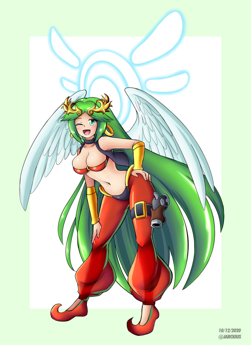 1girls angel_wings bra choker cosplay crossover earrings female female_only green_eyes green_hair hoop_earrings jarckius kid_icarus long_hair nintendo o_ring one_eye_closed palutena shantae shantae_(character) shantae_(cosplay) smooth_skin solo thigh_strap vest wings