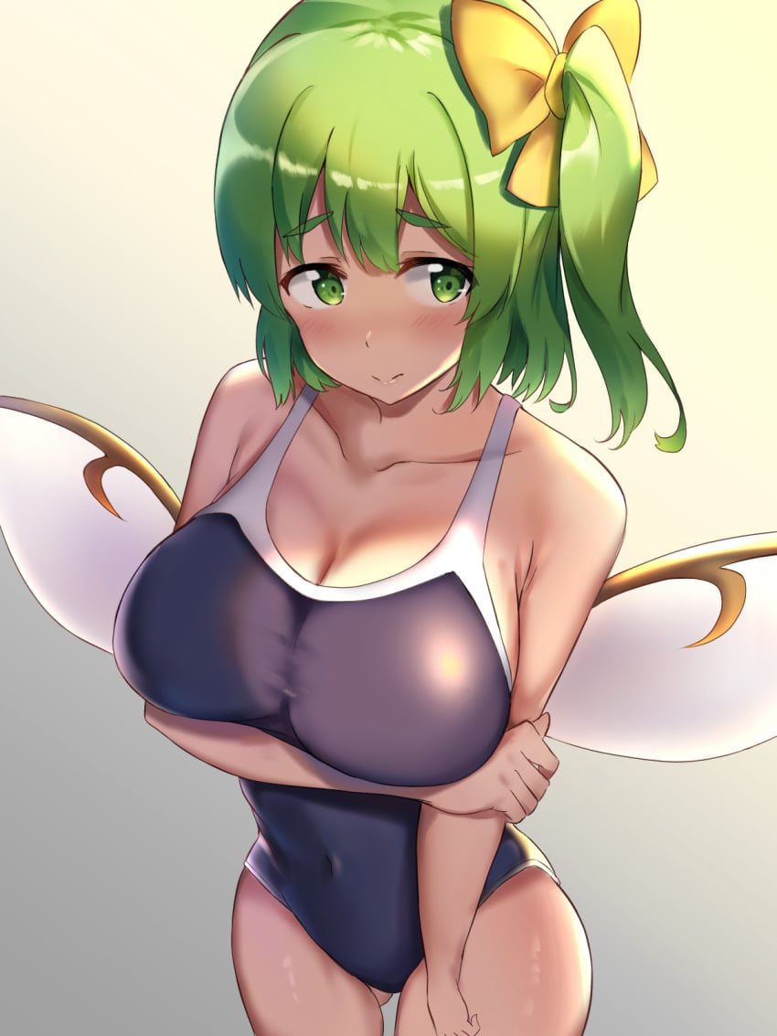 1girls alternate_breast_size big_breasts blush breasts breasts_focus cleavage daiyousei embarrassed fairy green_eyes green_hair jpeg looking_away nagomian standing swimsuit tagme touhou wings