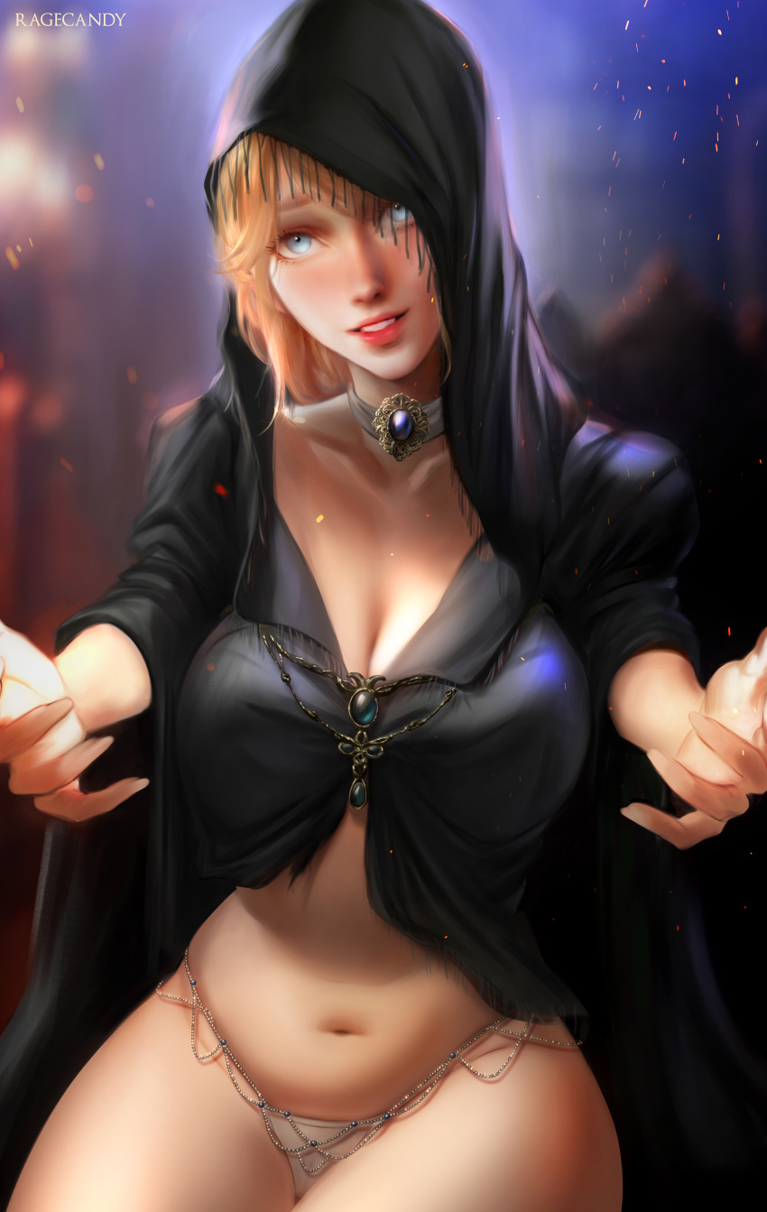 1girls arms_out belly belly_button big_breasts blonde_hair blue_eyes canon_panties cloak deathbed_smalls elden_ring female female_focus female_only fia_the_deathbed_companion fromsoftware hood hooded_cloak hug_invitation light-skinned_female looking_at_viewer navel neckwear painting_(artwork) panties pov ragecndy revealing_clothes smile smiling solo solo_female solo_focus spread_arms thick_thighs thighhighs underwear white_panties