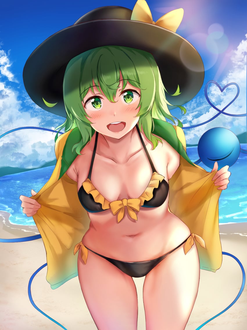 1girls beach big_penis bikini breasts cleavage green_eyes green_hair hat koishi_komeiji looking_at_viewer nagomian open_clothes open_mouth smile smiling smiling_at_viewer solo solo_female swimsuit tagme touhou undressing