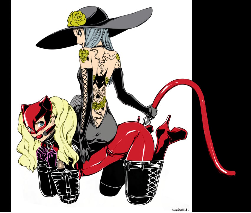 2girls all_fours ann_takamaki back_tattoo ball_gag bitchsuit blonde_hair blue_eyes bodysuit buttplug buttplug_tail collar dominatrix dress eudetenis gloves hat high_heel_boots high_resolution long_gloves long_hair mask multiple_girls persona persona_5 pet_play petplay phantom_thief_suit piddlefours pink_gloves red_ball_gag red_bodysuit sae_niijima shadow_sae silver_hair sitting sitting_on_person sitting_on_sub slave tail tail_plug twintails wrist_cuffs yuri