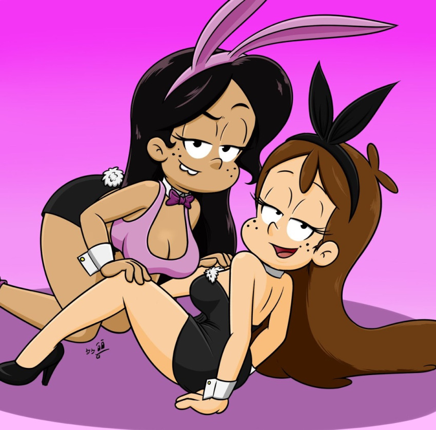 2girls aged_up animal_ears animal_ears_headband big_breasts black_hair bow bowtie breasts brown_hair bunny_ears bunny_ears_hair_ornament bunny_tail bunnysuit cleavage cookie_qt dark-skinned_female dark_skin duo eyelashes female female_only footwear freckles half-closed_eyes heels high_heels hispanic human human_only latina light-skinned_female light_skin long_eyelashes long_hair multiple_females multiple_girls nickelodeon older open_mouth paramount_pictures ronnie_anne_santiago seductive seductive_eyes shoes smile takeshi1000 the_loud_house thighs