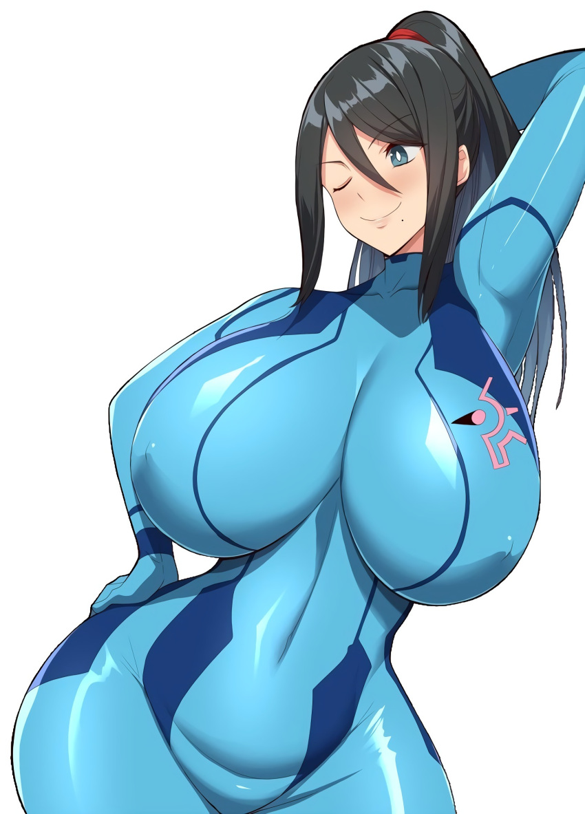 1girls arm_behind_head black_hair blue_eyes bodysuit breasts cosplay costume female hand_on_hip highres huge_breasts kloah metroid milf mole mole_under_mouth nintendo one_eye_closed samus_aran samus_aran_(cosplay) seductive_pose seductive_smile skin_tight smile solo tagme white_background wide_hips wink zero_suit zero_suit_samus_(cosplay)