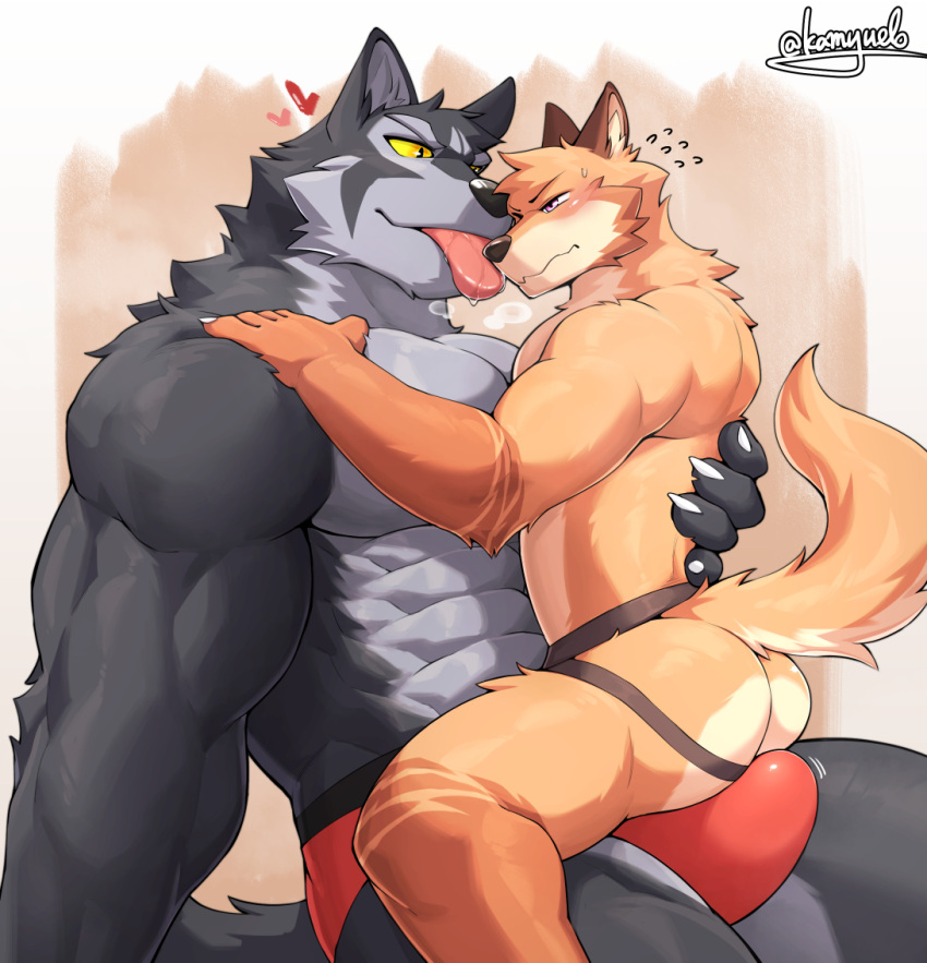 abs anthro blush bodily_fluids boxer_briefs boxers_(clothing) bulge canid canine canis clothing dog domestic_dog duo erection face_lick fur gay heart holding_partner jockstrap kamyuelo licking male male/male male_only mammal multicolored_body multicolored_fur muscular muscular_male romantic romantic_couple saliva saliva_on_tongue size_difference teasing tongue tongue_out two_tone_body two_tone_fur underwear wolf yaoi