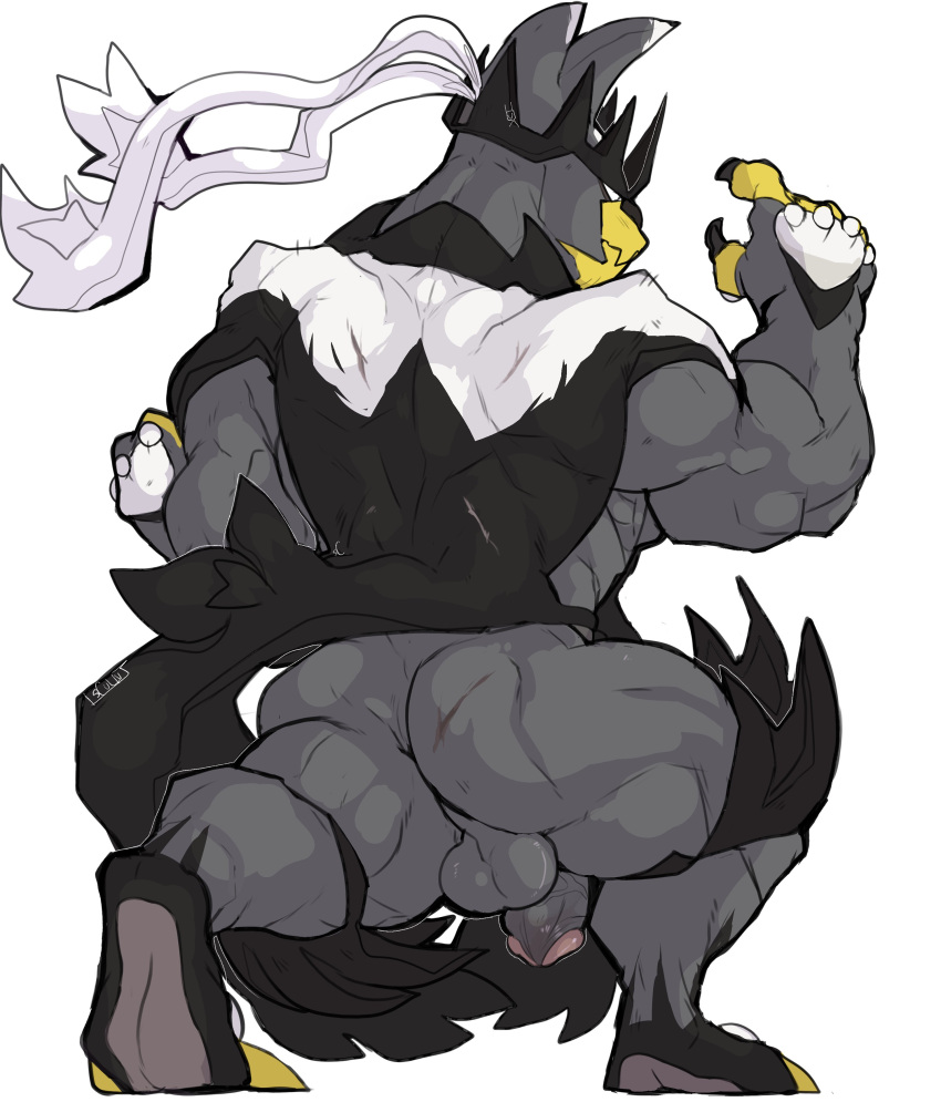 anthro ass backsack balls bara barazoku fighting_stance furry grey_fur male male_only muscles muscular nintendo penis pokémon_(species) pokemon pokemon_ss posing scullvi solo solo_male urshifu ursid