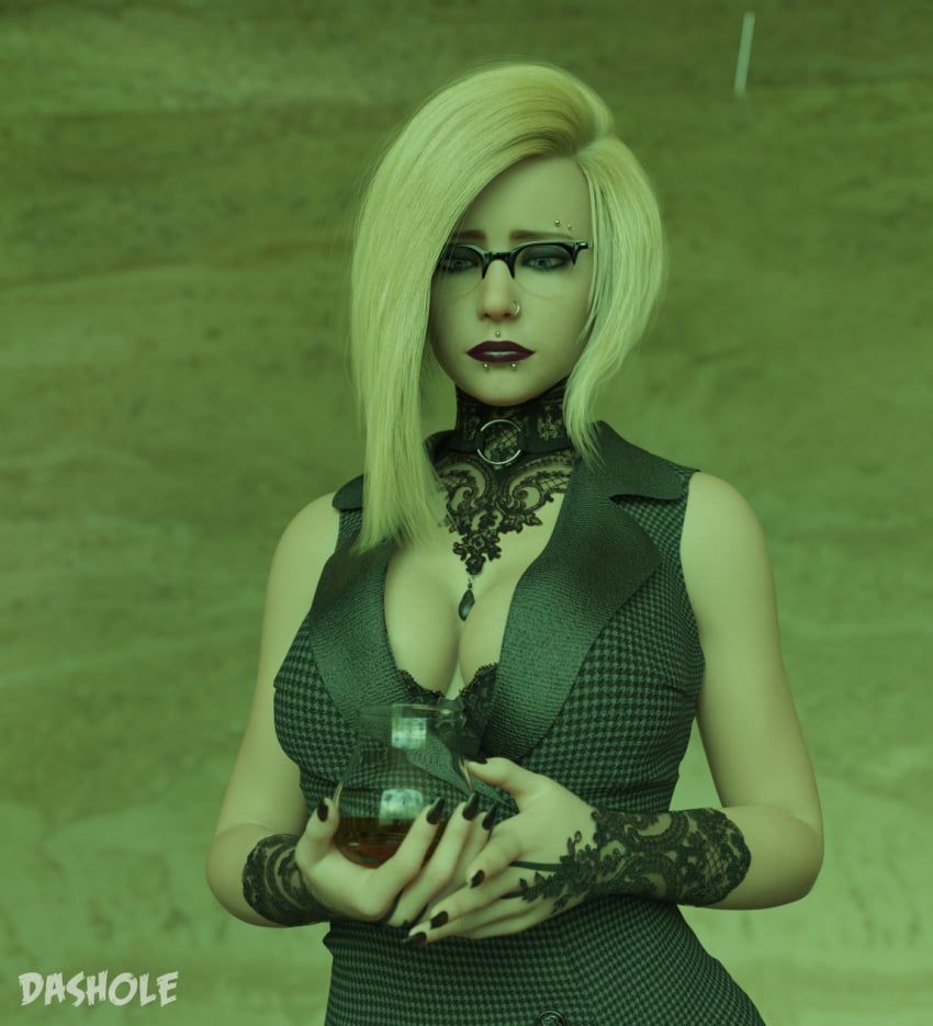 1girls 2021 3d alice_(dashole) black_bra black_nail_polish black_nails blonde_hair bra cleavage clothed clothing dashole eyebrow_piercing female female_only glasses indoors large_breasts lip_piercing nose_ring original_character slushe_(website) solo solo_female