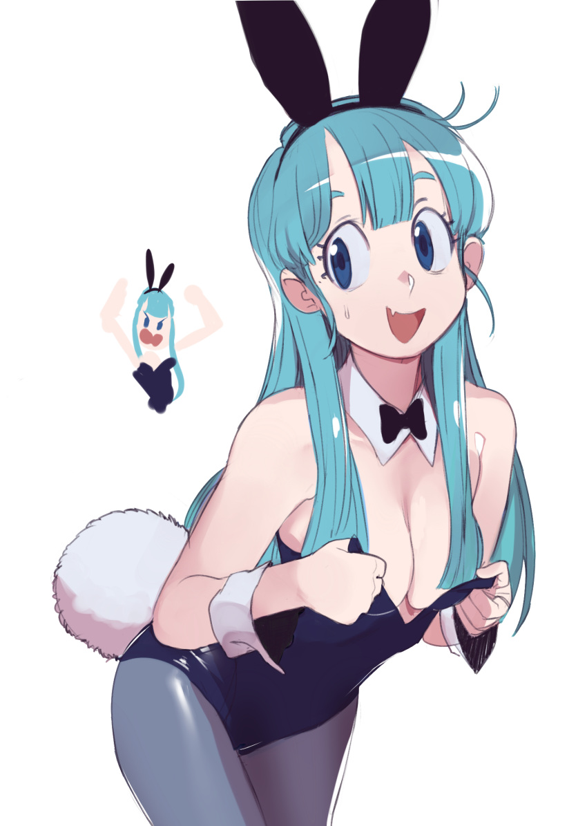 :d big_breasts blue_eyes blue_hair bowtie breasts bunny_ears bunny_tail bunnysuit cleavage cute_fang detached_collar fake_animal_ears female leotard pantyhose sho-n-d smile tagme white_background wrist_cuffs