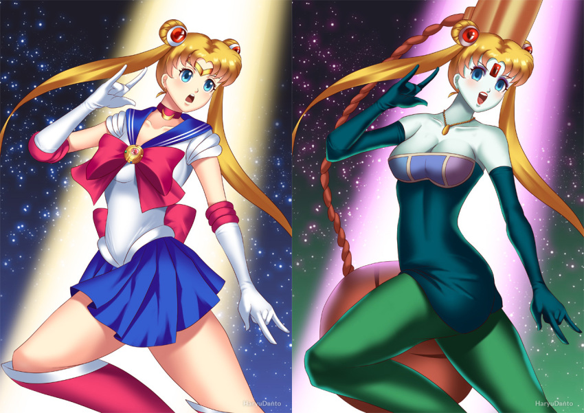 1girls atsugessho before_and_after bishoujo_senshi_sailor_moon brainwashing cleavage clothing dress female female_only haryudanto medium_breasts mind_break sailor_moon skin_color_change skirt solo thick_thighs transformation usagi_tsukino wide_hips