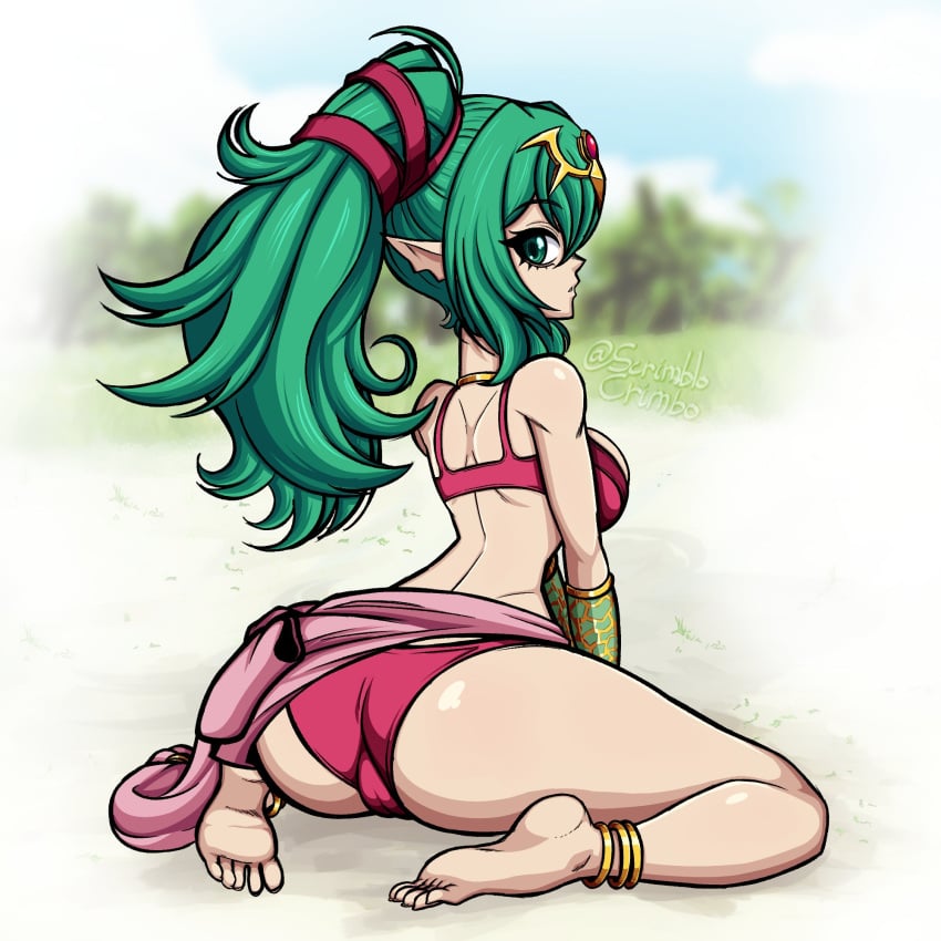 1girls alternate_costume bikini cameltoe feet fire_emblem fire_emblem_awakening fire_emblem_heroes green_eyes green_hair long_ears looking_at_viewer nintendo official_alternate_costume ponytail red_bikini red_swimsuit sash scrimblocrimbo sideboob sitting tiara tiki_(adult)_(fire_emblem) tiki_(adult)_(summer)_(fire_emblem) tiki_(fire_emblem) viewed_from_behind