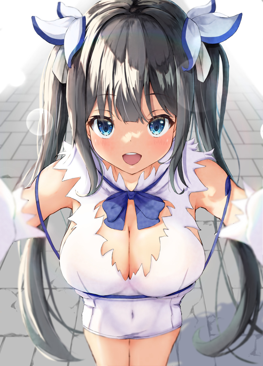 1girls belly_button big_breasts black_hair blue_eyes blush dungeon_ni_deai_wo_motomeru_no_wa_machigatteiru_darou_ka female happy hestia_(danmachi) huge_breasts large_breasts light-skinned_female long_hair open_arms open_mouth smile solo standing tagme tatika714