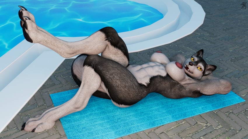 3d_(artwork) anthro athletic breasts canid canine canis claws digital_media_(artwork) digitigrade female fur grey_body grey_fur hi_res lying mammal multicolored_body muscular muscular_female nude on_back pawpads pool_(disambiguation) solo solo_focus thirteeenth two_tone_body wolf yellow_eyes